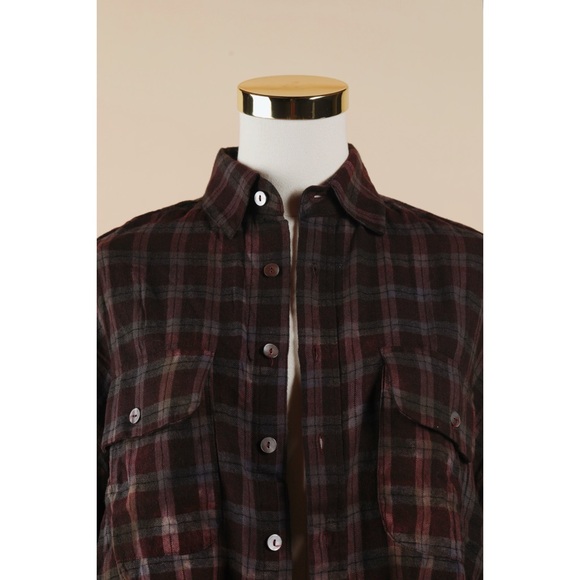 Sz M Olivaceous Cropped Burgundy & Grey Plaid Long Sleeve Button Down NWT - Picture 2 of 4